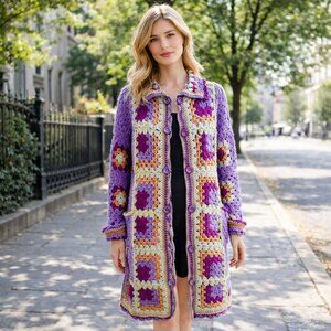 Handmade Lilac Colourful Granny Squares Crochet Long Cardigan L